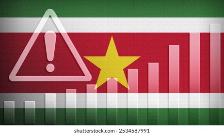 Suriname flag with burlap texture, warning sign, and rising bar chart symbolizing increasing risk or growth challenges in the country. Ideal for data presentations.