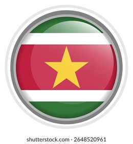 Suriname Flag Button Icon Glossy Round National Emblem Vector Illustration