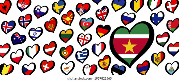 Suriname flag and different countries flags with heart flags logo. For Europe, eurovision music song festival, contest. Music songs for vision dreams. Vector euro TV icon pattern. 