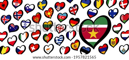 Suriname flag and different countries flags with heart flags logo. For Europe, eurovision music song festival, contest. Music songs for vision dreams. Vector euro TV icon pattern. 