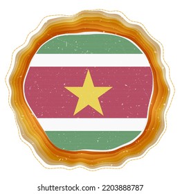 Suriname flag in frame. Badge of the country. Layered circular sign around Suriname flag. Charming vector illustration.