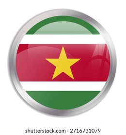 Suriname flag - glossy circle button in metal frame displays a colorful flag of a country cultural identity and heritage. The essence of national pride and unity.