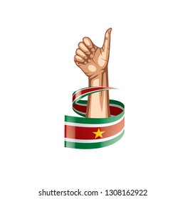 Suriname flag and hand on white background. Vector illustration