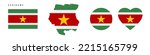 Suriname flag icon set. Surinamese pennant in official colors and proportions. Rectangular, map-shaped, circle and heart-shaped. Flat vector illustration isolated on white.
