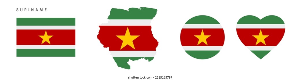 Suriname flag icon set. Surinamese pennant in official colors and proportions. Rectangular, map-shaped, circle and heart-shaped. Flat vector illustration isolated on white.