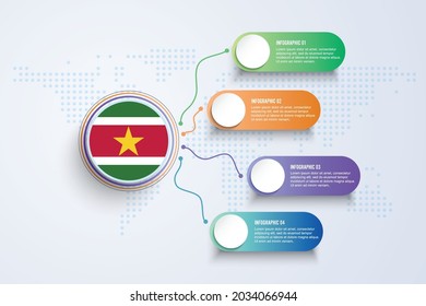 Suriname Flag with Infographic Design isolated on Dot World map. Vector illustration.