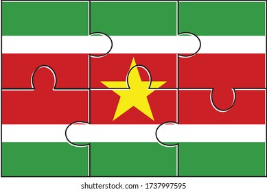 Suriname Flag Jigsaw Puzzle. Vector illustration. 6 pieces of puzzles. Simple puzzles for kids.