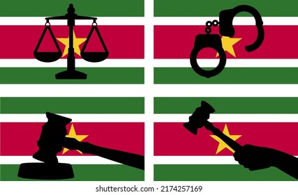 Suriname flag with justice vector silhouette, judge gavel hammer and scales of justice and handcuff silhouette on country flag, Suriname law concept, design asset, freedom idea