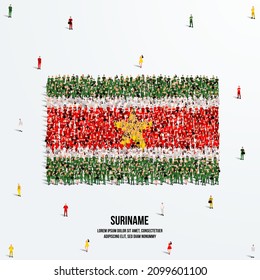 Suriname Flag. A Large Group Of People Form To Create The Shape Of The Suriname Flag. Vector Illustration.