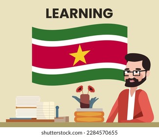 Suriname flag with a male teacher, learning or teaching Suriname language, bearded man with glasses and country flag vector design, language school concept