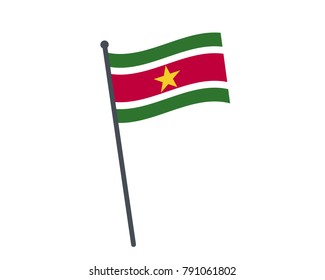 Suriname flag. The national flag of Suriname on a pole. The waving flag. The sign and symbol of the country. Realistic vector on white.