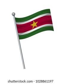 Suriname flag on the flagpole. Official colors and proportion correctly. waving of Suriname flag on flagpole, vector illustration isolate on white background.