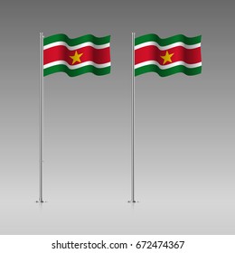 Suriname flag on the flagpole. Official colors and proportion correctly. High detailed vector illustration. 3d and isometry. EPS10