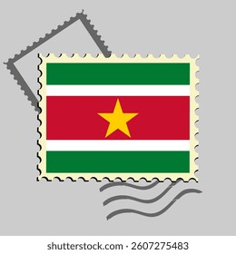 Suriname flag postage stamp. Isolated vector illustration on grey post stamp background