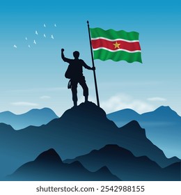 Suriname Flag raised on a mountain peak with clear sky in the background, vector illustration