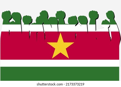 Bandera de Surinam con las manos arriba en la protesta vector, logo de la bandera del país, concepto de protesta de Surinam, diseño plano, contra la idea