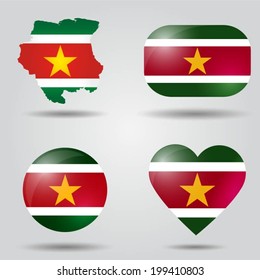 Suriname flag set in map, oval, circular and heart shape.