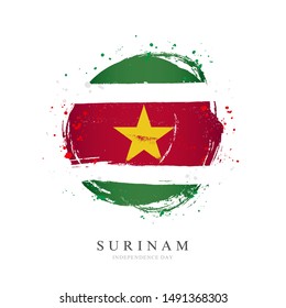 Suriname flag in the shape of a big circle. Vector illustration on a white background. Brush strokes are drawn by hand. Independence Day.