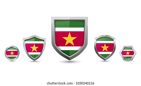 Suriname flag silver badges with different 3 shape shield, circle and hexagon stock vector illustration 