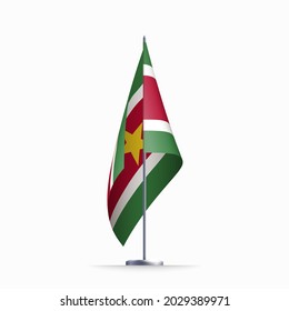 Suriname flag state symbol isolated on background national banner. Greeting card National Independence Day of the Republic of Suriname. Illustration banner with realistic state flag.