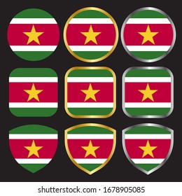 suriname flag vector icon set with gold and silver border