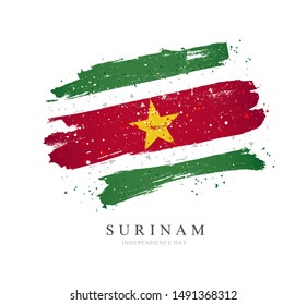 Suriname flag. Vector illustration on a white background. Brush strokes are drawn by hand. Independence Day.