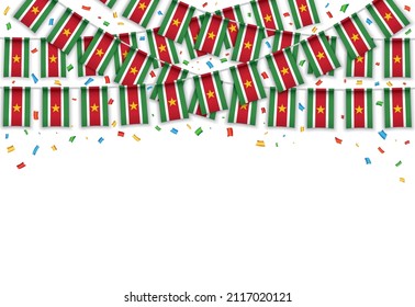 Suriname flags garland white background with confetti, Hanging bunting for Independence Day celebration template banner, Vector illustration