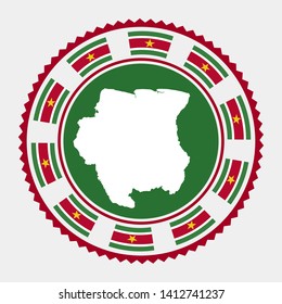 Suriname flat stamp. Round logo with map and flag of Suriname. Vector illustration.