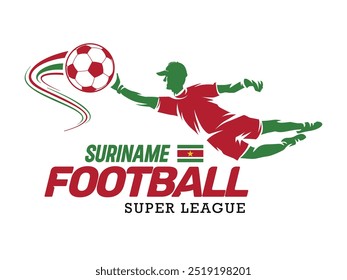 Suriname football league, Soccer ball, Football logo, Footballer jump isolated on white background, Vector Illustration