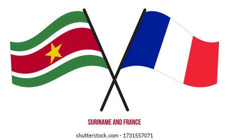 Suriname and France Flags Crossed And Waving Flat Style. Official Proportion. Correct Colors.