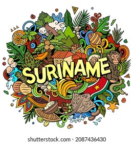 Suriname hand drawn cartoon doodle illustration. Funny local design. Creative vector background. Handwritten text with Latin American elements and objects. Colorful composition