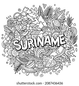 Suriname hand drawn cartoon doodle illustration. Funny local design. Creative vector background. Handwritten text with Latin American elements and objects.