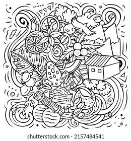 Suriname hand drawn cartoon doodles illustration. Funny travel design. Creative vector background. Latin America country elements and objects.