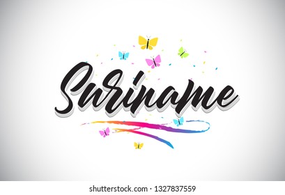 Suriname Handwritten Word Text with Butterflies and Colorful Swoosh Vector Illustration Design.