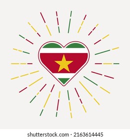 Suriname heart with flag of the country. Sunburst around Suriname heart sign. Vector illustration.