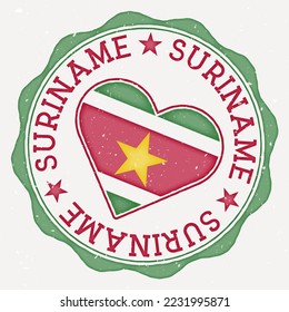 Suriname heart flag logo. Country name text around Suriname flag in a shape of heart. Superb vector illustration.