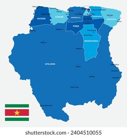 Suriname sehr detaillierte Karte. Vektorblaue Illustration mit Grenzen, Städten und Nationalflagge