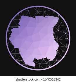 Suriname icon. Vector polygonal map of the country. Suriname icon in geometric style. The country map with purple low poly gradient on dark background.