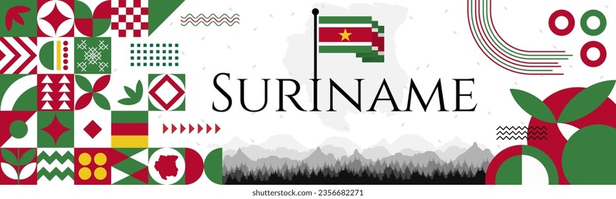 The Suriname Independence Day abstract banner design with flag and map. Flag color theme geometric pattern retro modern Illustration design. Green, white and Red color template.