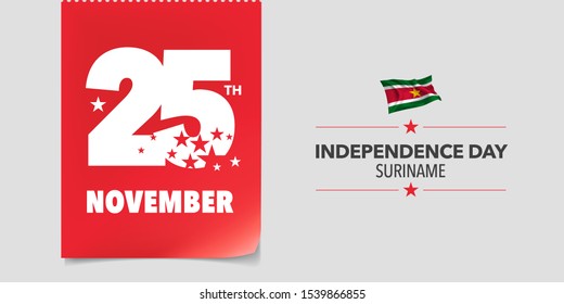 Suriname independence day greeting card, banner, vector illustration. Surinam national day 25th of November background with elements of flag in a creative horizontal design 