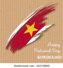 Suriname Independence Day Patriotic Design. Expressive Brush Stroke in National Flag Colors on kraft paper background. Happy Independence Day Suriname Vector Greeting Card.