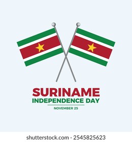 Suriname Independence Day poster vector illustration. Two crossed Suriname flags on a pole icon vector. Suriname Flag symbol. Template for background, banner, card. November 25 every year