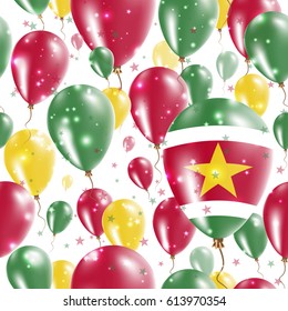 Suriname Independence Day Seamless Pattern. Flying Rubber Balloons in Colors of the Surinamer Flag. Happy Suriname Day Patriotic Card with Balloons, Stars and Sparkles.