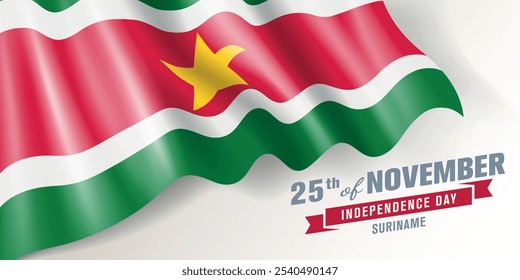 Suriname independence day vector banner, greeting card. Surinamese wavy flag in 25th of November national patriotic holiday horizontal design