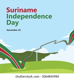 Suriname independence day vector illustration with a long flag within tropical rainforest scenery consists of cliffs, clouds, and a waterfall. South American country public holiday.