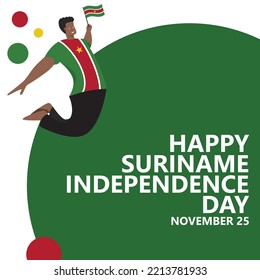 Suriname independence day vector illustration with a man jumping and holding the national flag. South American country public holiday celebrated annually on November 25.