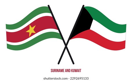 Suriname and Kuwait Flags Crossed And Waving Flat Style. Official Proportion. Correct Colors.