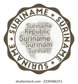 Suriname logo. Appealing country badge with word cloud in shape of Suriname. Round emblem with country name. Captivating vector illustration.