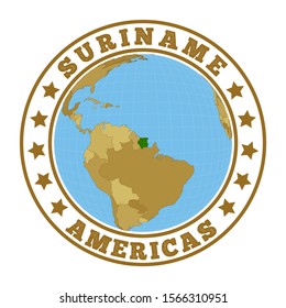 Suriname logo. Round badge of country with map of Suriname in world context. Country sticker stamp with globe map and round text. Vector illustration.