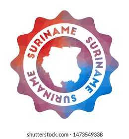 Suriname low poly logo. Colorful gradient travel logo of the country in geometric style. Multicolored polygonal Suriname rounded sign with map for your infographics.